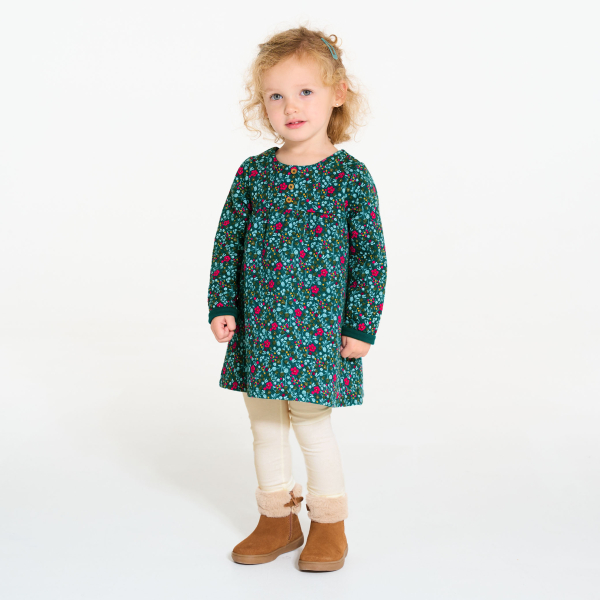 فستان طفلة رضيعة مبطن عليه صورة ورود وبنطلون ليجينز أخضر